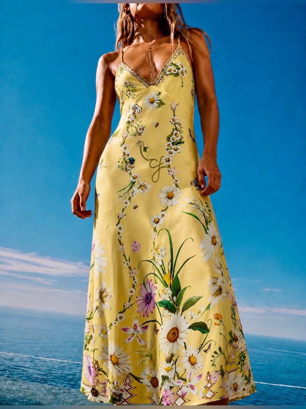 CAMILLA SILK FLORAL DAISY CHAINS DETAIL SLIP STRAPPY MAXI DRESS - Picture 2 of 14